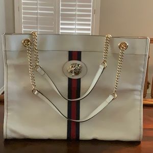 GUCCI Rajah Sylvie Web Leather Tote Bag Large w/Pochette White